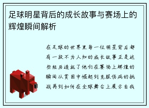 足球明星背后的成长故事与赛场上的辉煌瞬间解析