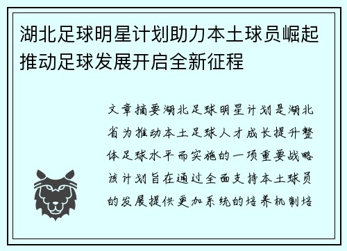 湖北足球明星计划助力本土球员崛起推动足球发展开启全新征程